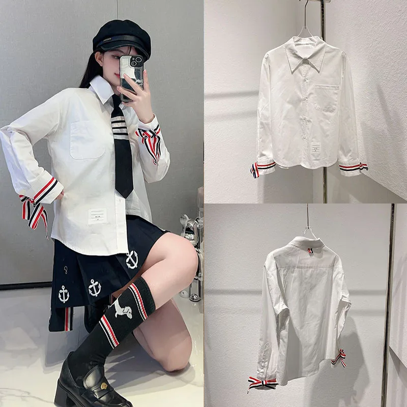 

Red White Blue Tri-color Woven Tape Slim-fit Women's Shirt Preppy Style Loose Polo Collar Elegant Tops Trend Brand Cotton Shirt