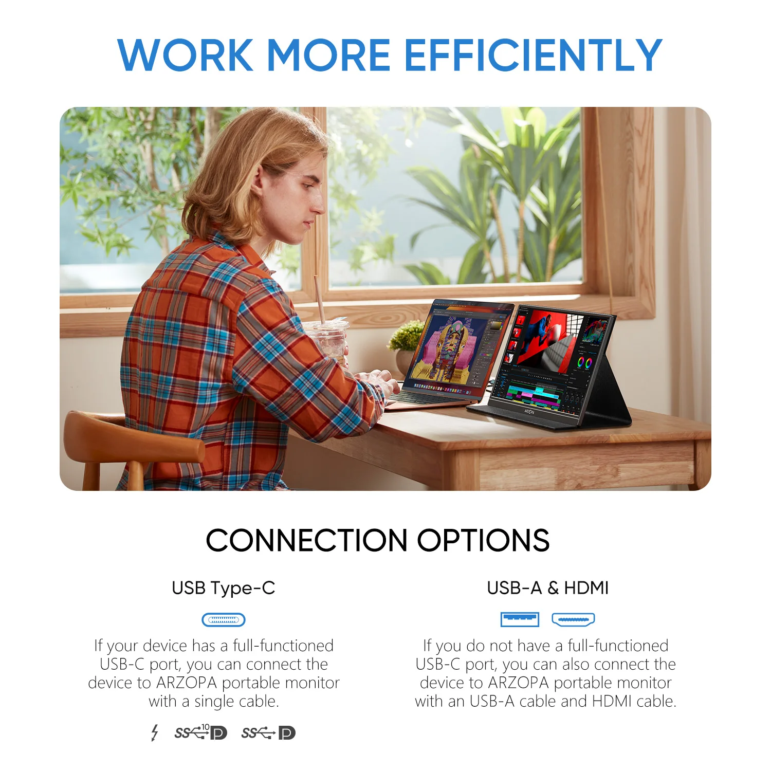 Arzopa Monitor portabel 15.6 "FHD 1080P, dengan HDMI USB IPS Monitor kedua eksternal untuk PC Laptop Mac Switch Xbox ps4, Meja S1