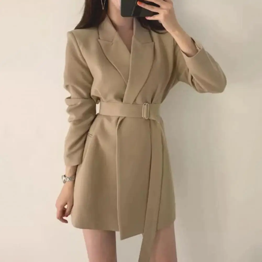 Belt Suit Jacket Elegant Lapel Suit Coat for Women with Belt Long Sleeve Office Lady Outwear Solid Color Loose Fit Jacket