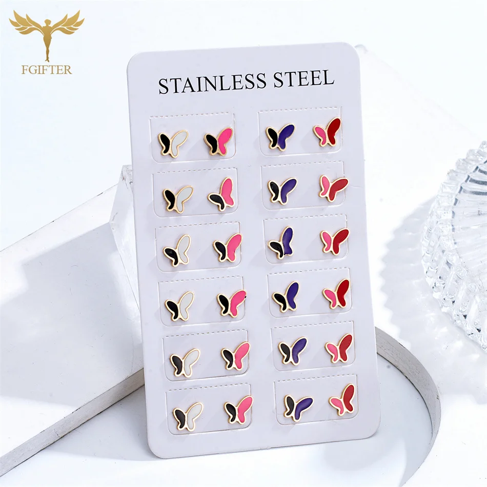 12 Pairs Mixed Colors Butterfly Stud Earrings Set Golden Stainless Steel Jewelry Bohemia Women Accessories Teacher Student Gifts