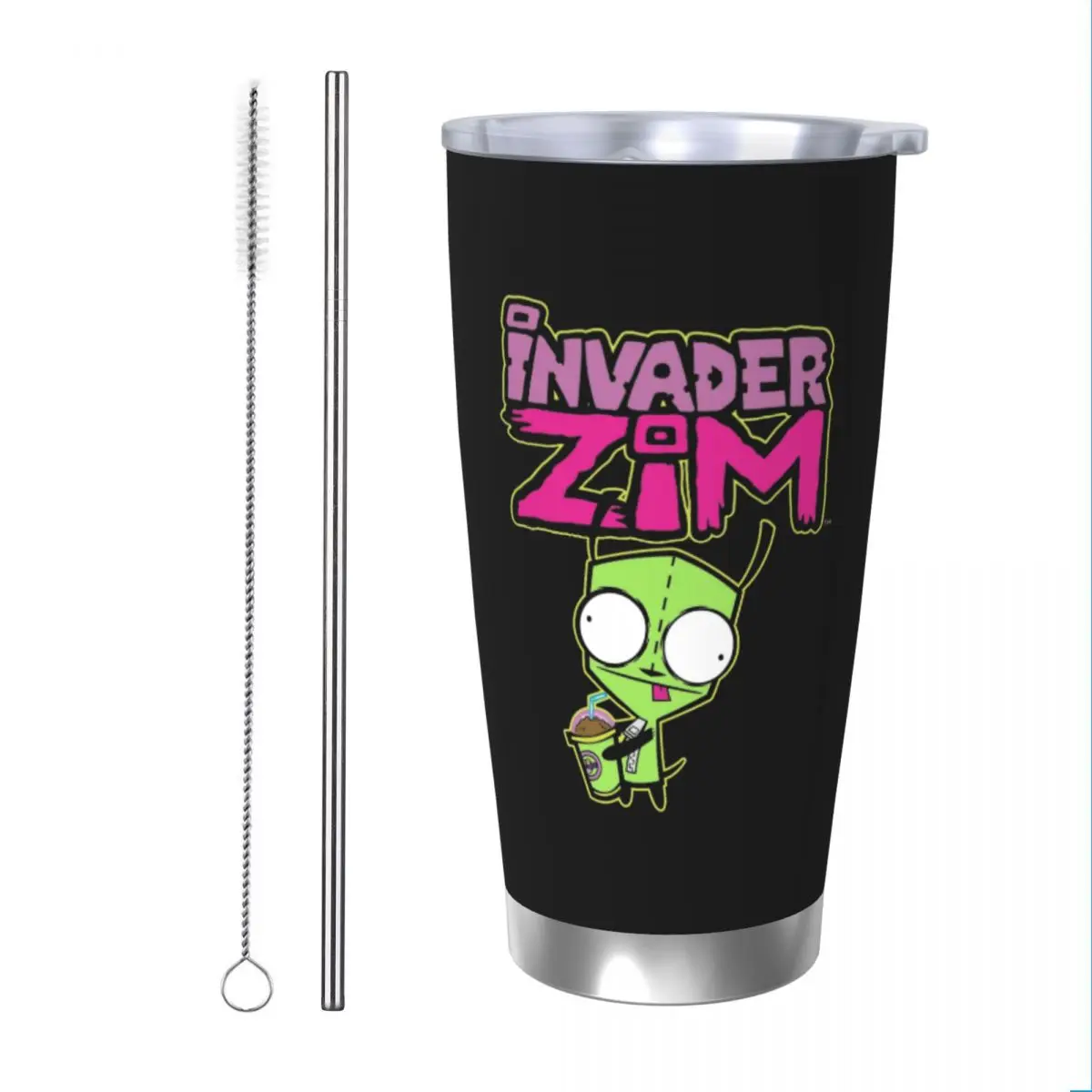 Invader Zim GIR Snacking Insulated Tumbler with Straws Lid Vacuum Thermal Mug Office Home Thermos Bottle Cups, 20oz