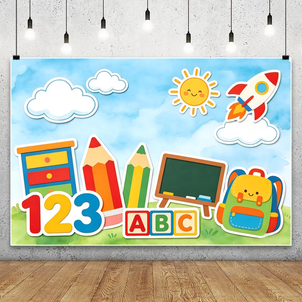 Back to School Backdrop for Children Kindergarten Birthday Party Baby Shower Blue Sky White Clouds Drawing Pencils Background
