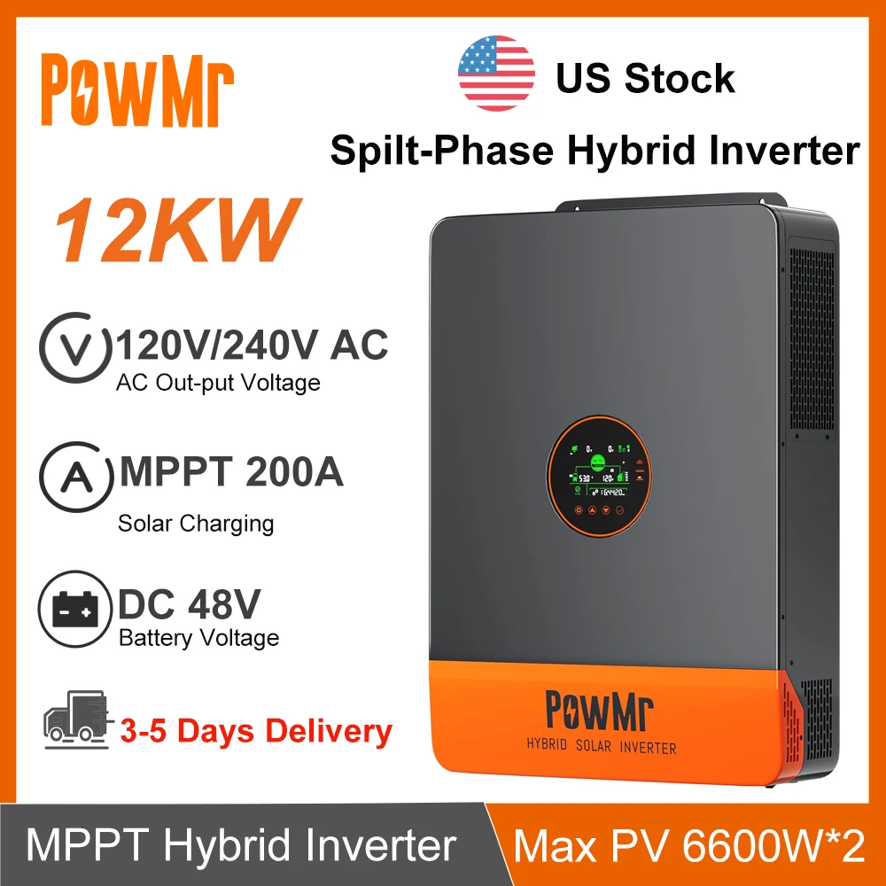 

Гибридный солнечный инвертор PowMr Split Phase 12 кВт, 48В на 120В/240В переменного тока, 200А MPPT контроллер заряда, максимальная мощность фотоэлектрических панелей 6600Вт*2, параллельное подключение до 6 устройств