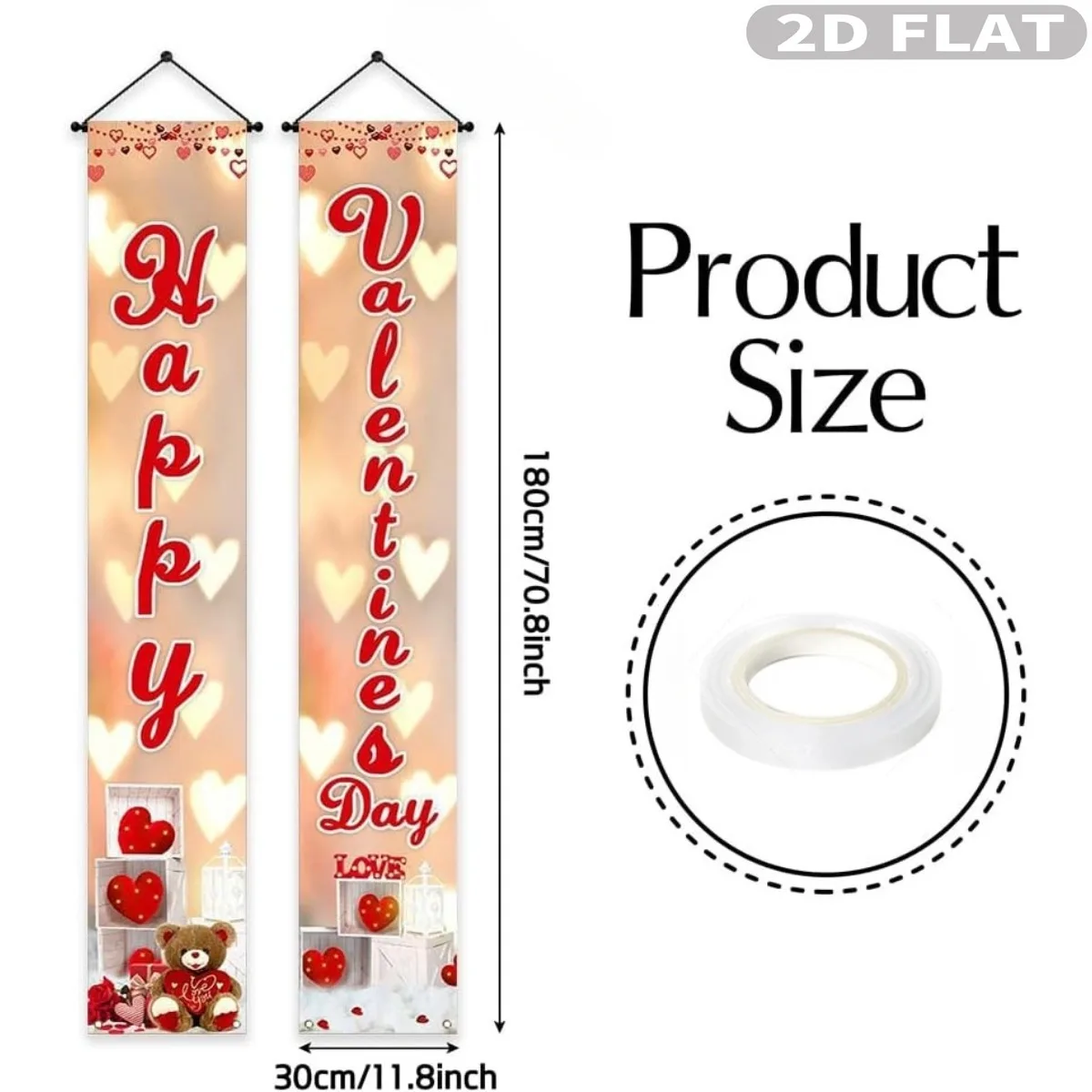 2D FLAT 1pair Happy Valentine Hanging Banner with Pole - 1x6 FT Love Heart Rose Flower Themed Couplets, Perfect Door Banner