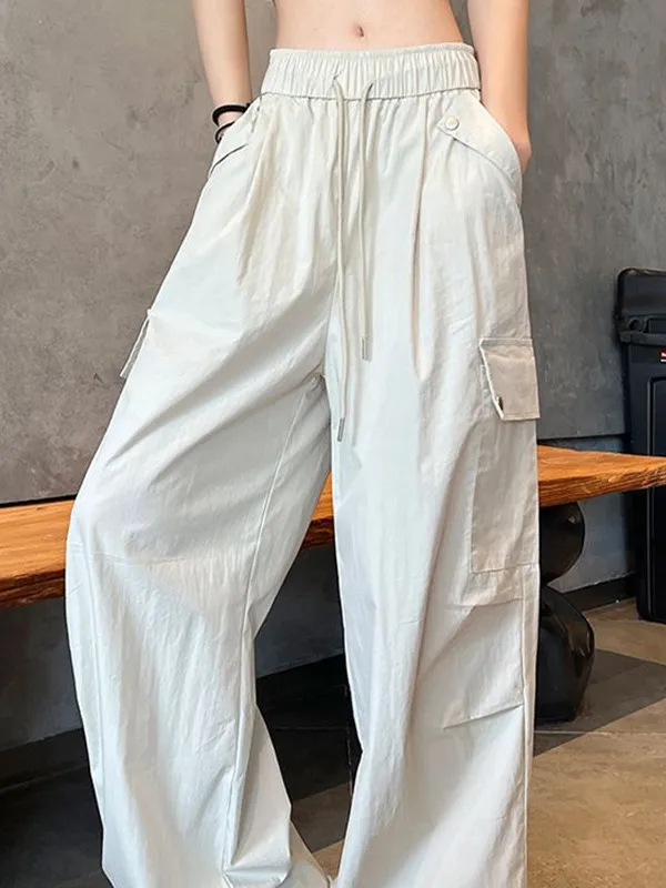 Summer American Style Quick Dry Trousers Women's Fashion Multi Pocket Climbing Hiking Wide Leg Sports Drawstring Pants