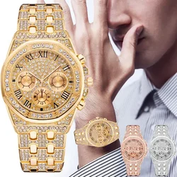 Men's Watch Fashion Luxury Three-eye Full Diamond Roman Pattern Stainless Steel Diamond Multi-function Casual Quartz Watch