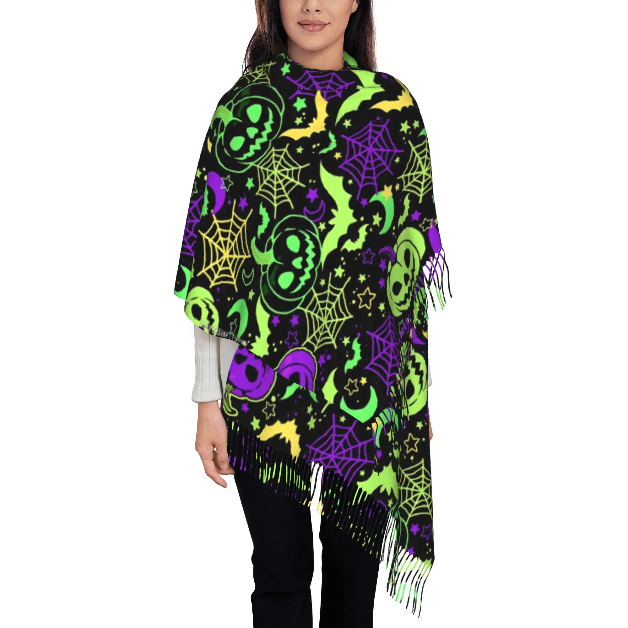 1 PC Halloween Print Pumpkin Spider Pattern Autumn Scarf Women Winter Pashmina Shawls Warm Blanket Wraps  Female Thick Scarves