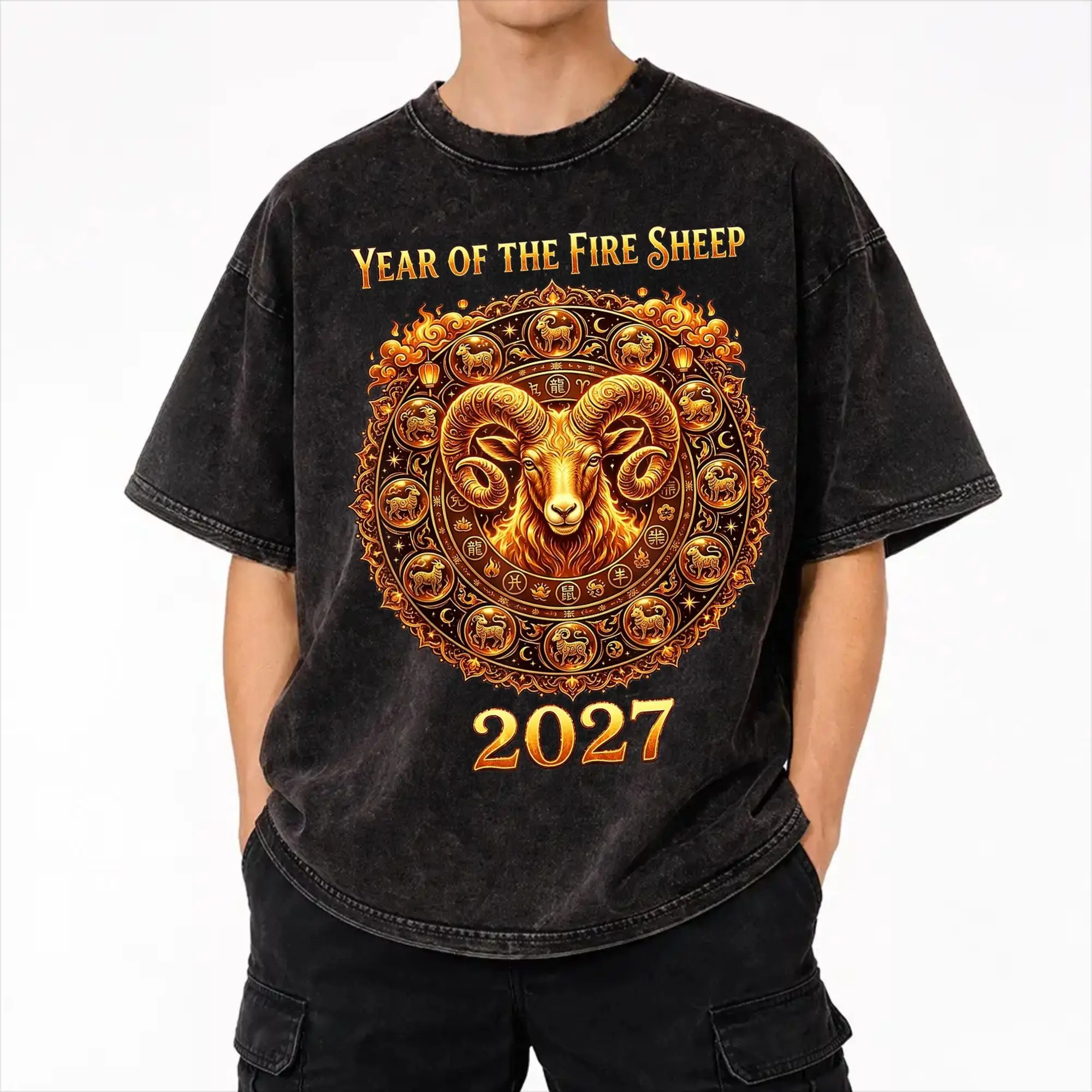 Chinese New Year 2027 years of sheep goat Merch Washed T Shirt Men Women Streetwear Hip Hop T-Shirts Printed  Tee Shirt