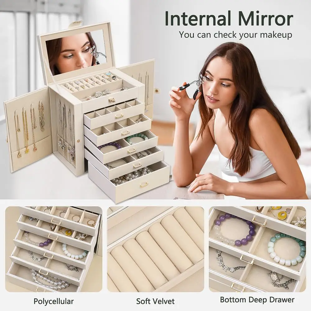 6-Layer Jewelry Box for Women,Large Jewelry Organizer with Drawer | Faux Leather,Built-in Mirror,Spacious Jewelry Storage