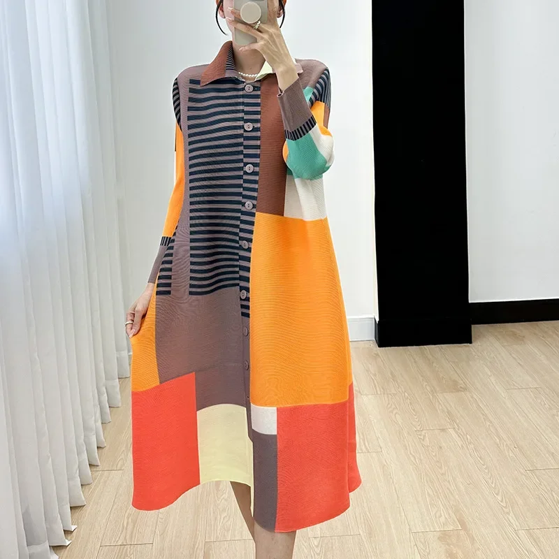 Miyake Women's Color Matching Dress, Autumn and Winter New Fashion Print Pleats, Medium Length, Loose Length Skirt