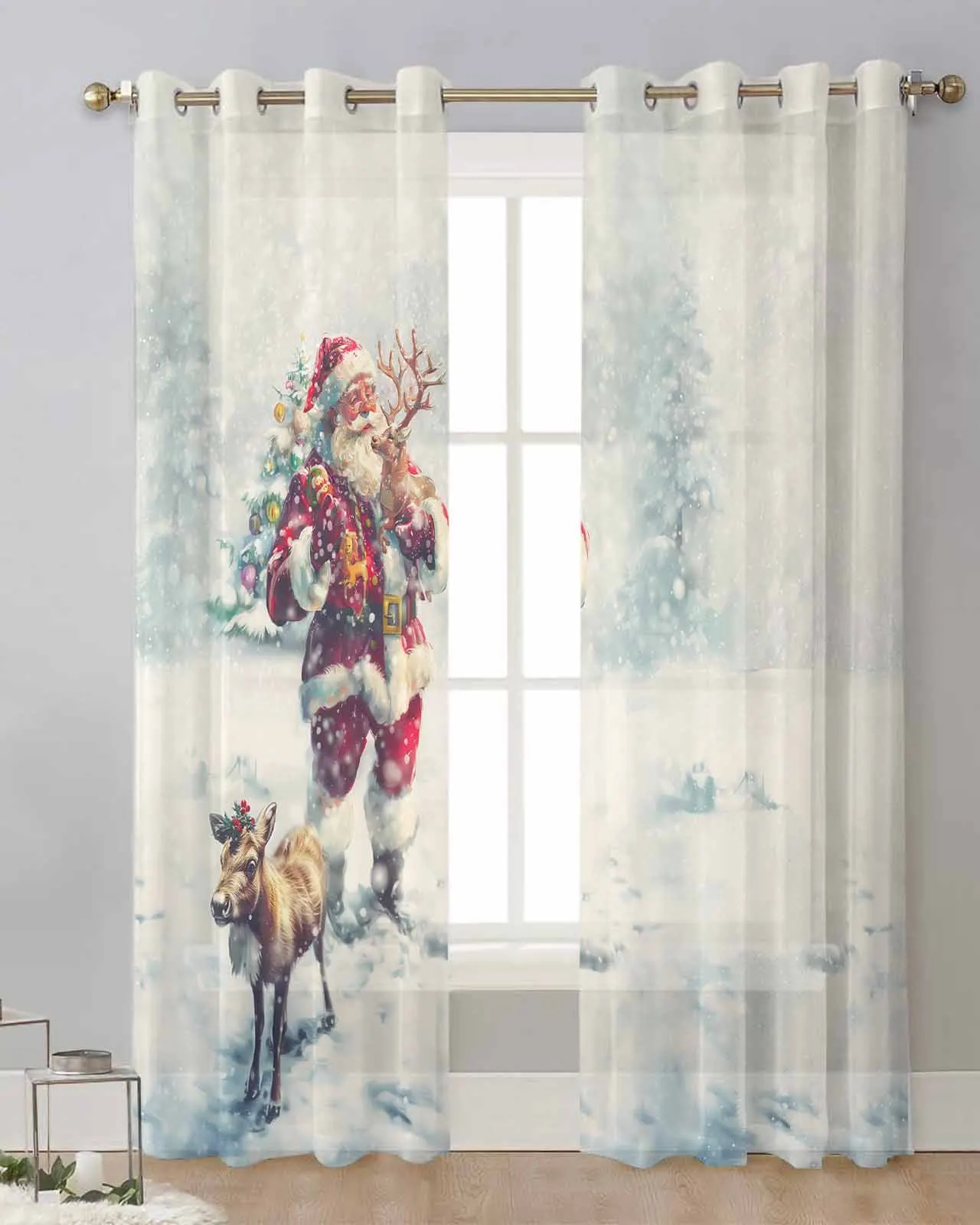 Christmas Santa Claus Reindeer Snow Scenery Sheer Curtains for Living Room Printed Tulle Window Curtain Luxury Home Decor Drapes