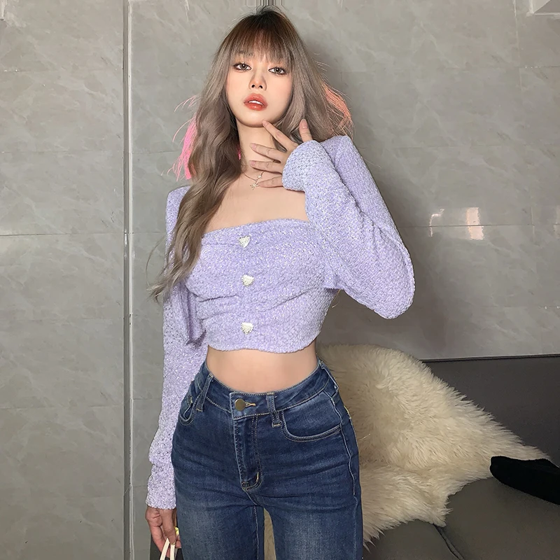 

Long Sleeve Square Collar T-shirt for Women Sweet Button Slim Cropped Tee Top Versatile Solid Tshirts Purple 2-Piece Set