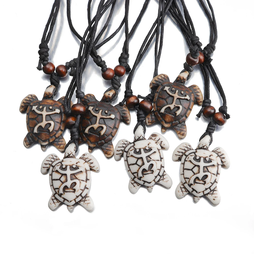 12pcs Imitation Yak Bone Carving Yoga Tribal Surfing Lucky Sea Turtles Pendants Necklace Wax Cord Amulet Surfer Necklaces Gift