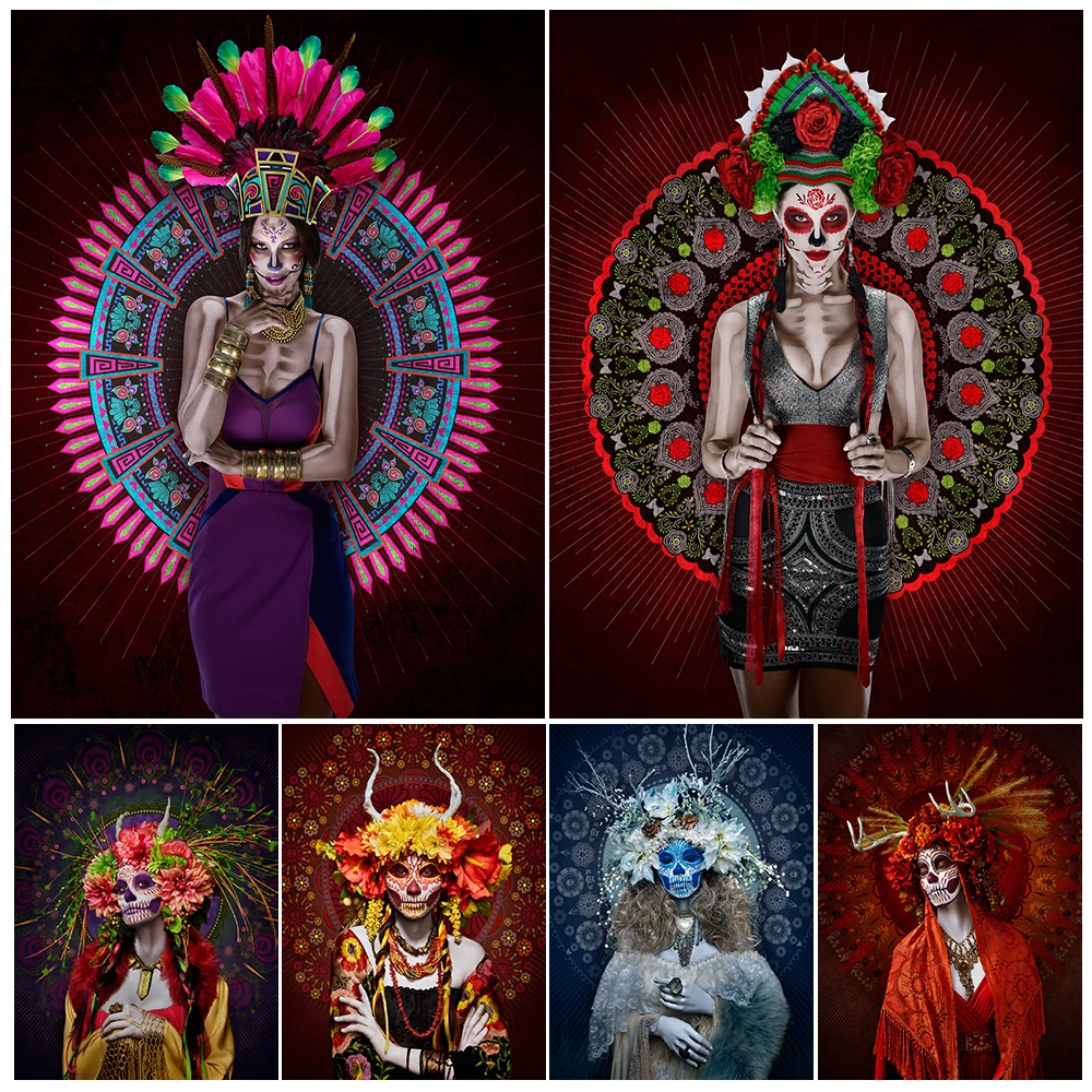 Girl In Day Of The Dead Costume,Abstract Wall Art Canvas Painting,Traditional Festival Makeup Gothic Art Poster Print Home Decor
