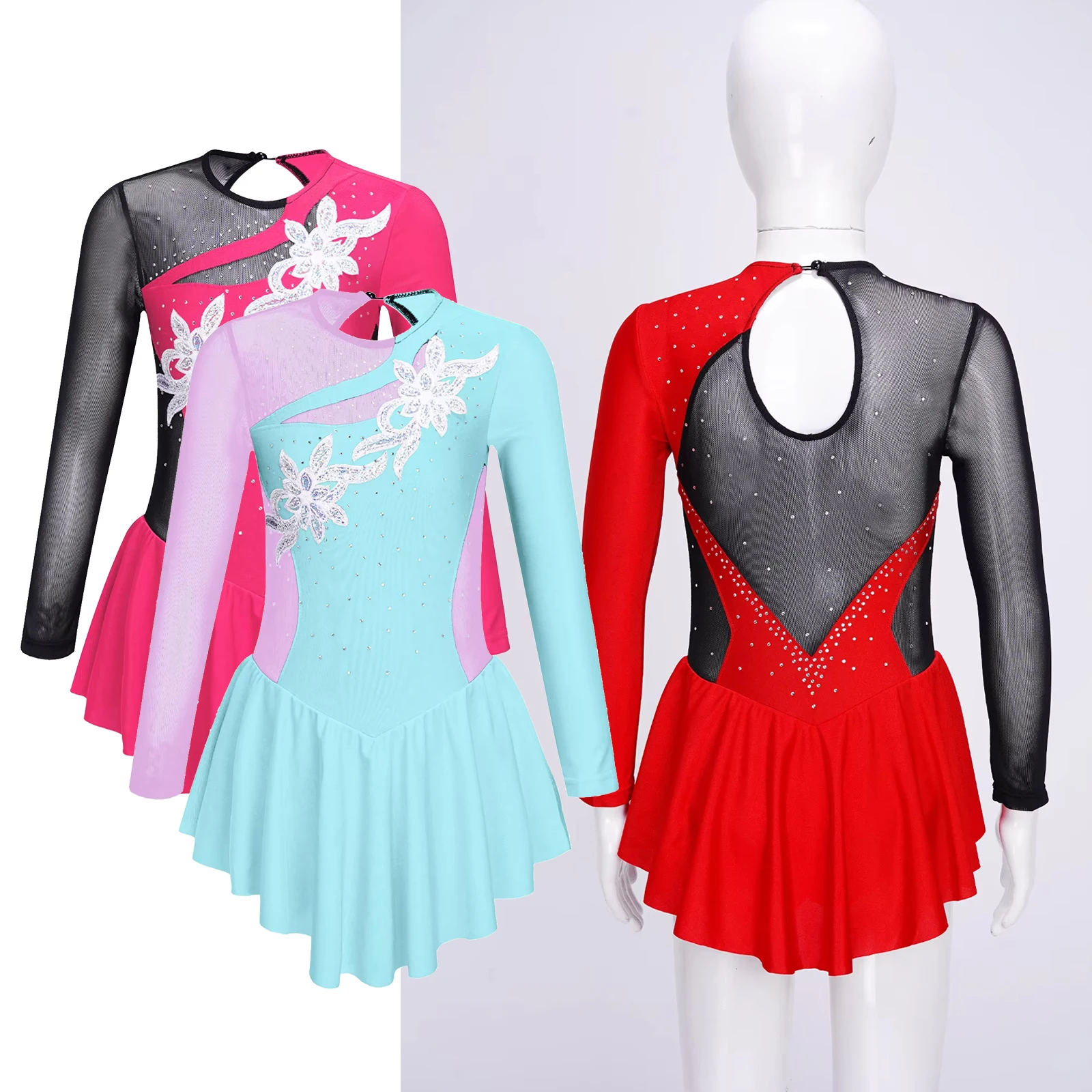 

Girls Floral Gymnastic Jersey Figure Ice Skating Dress Rhinestone Mesh Tulle Splice Leotard Dress Ballroom Ballet Dance Clothes