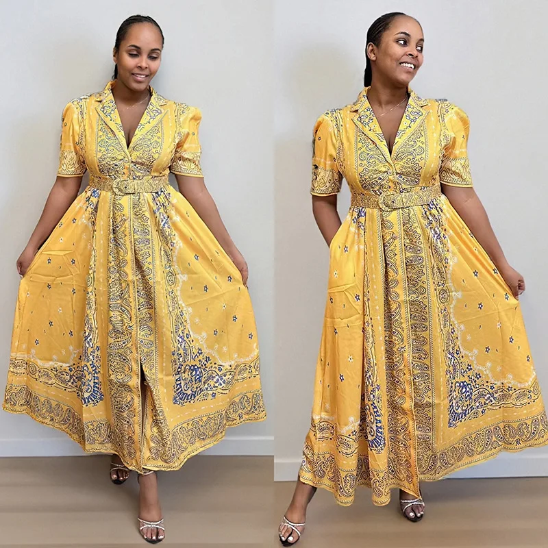

Dashiki African Dresses for Women Summer Elegant Short Sleeve V-neck Polyester Print Long Maxi Dress Gowns Africa Clothing