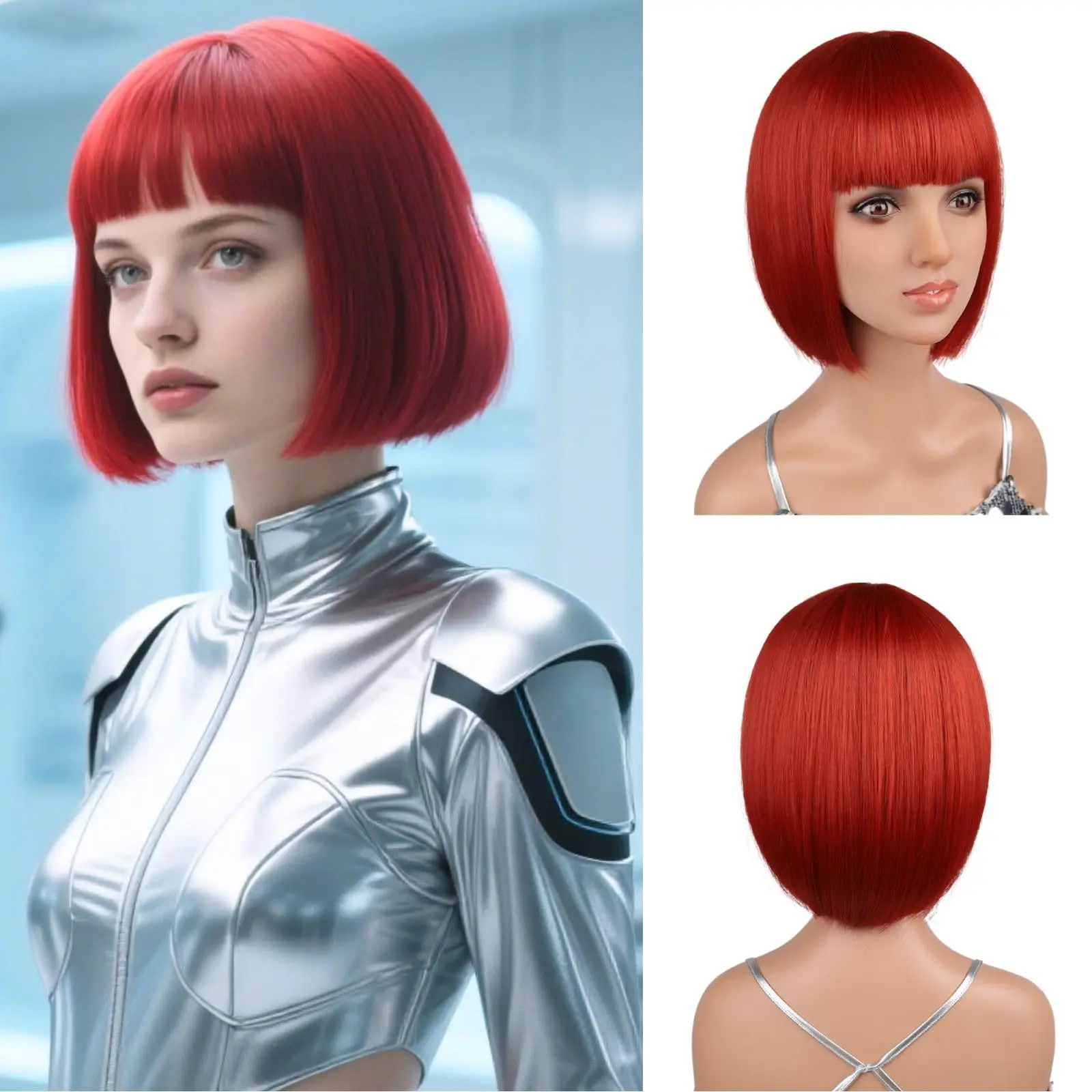Red Bob Hairstyle Synthetic Wig for Party, Halloween Cosplay Wig, Hot-Pressed Hairpiece Wig