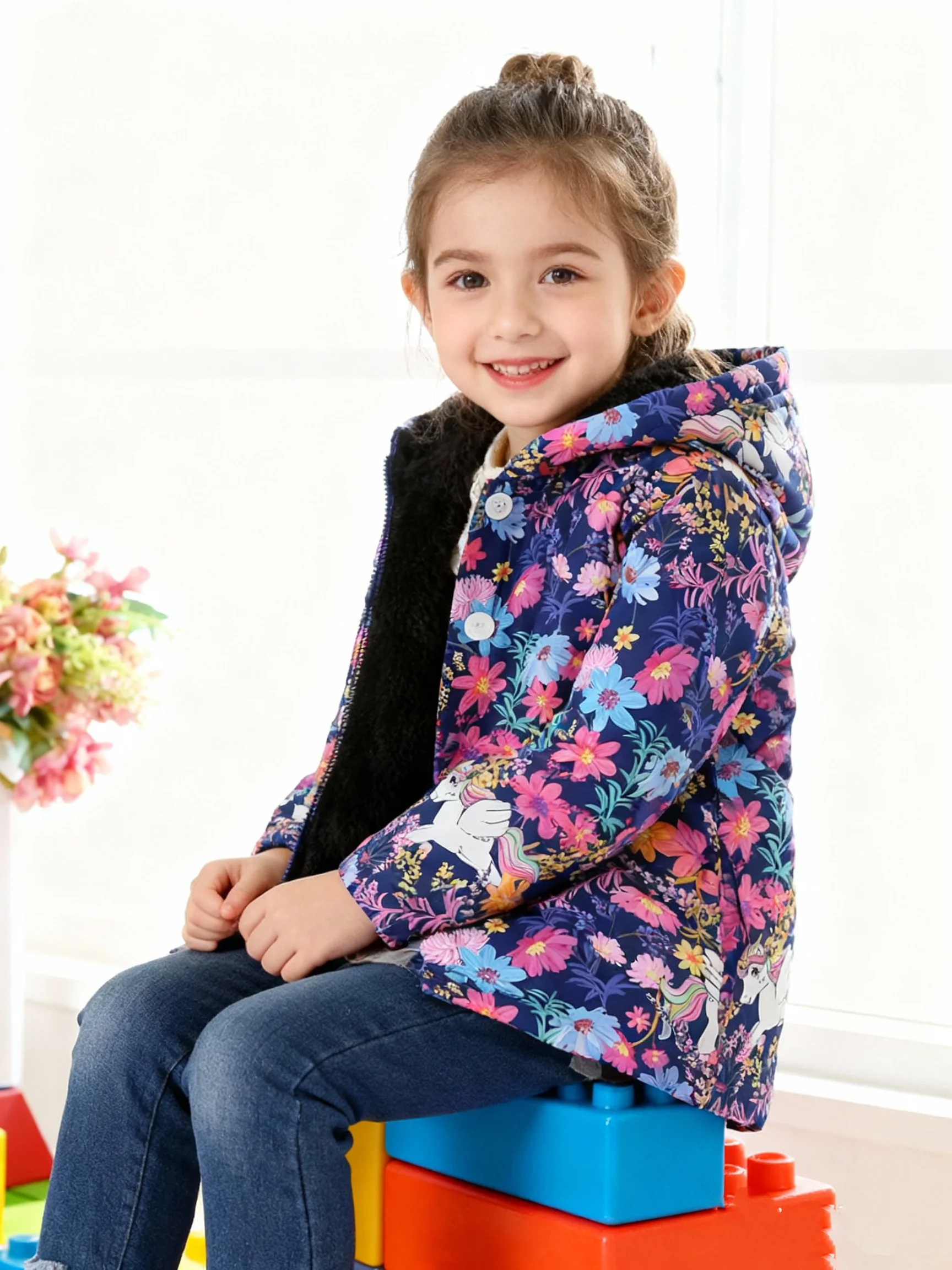 Langärmliger, einreihiger Einhorn-Druck für Mädchen im Herbst und Winter mit Plüsch, warmer, lässiger Kapuzenjacke