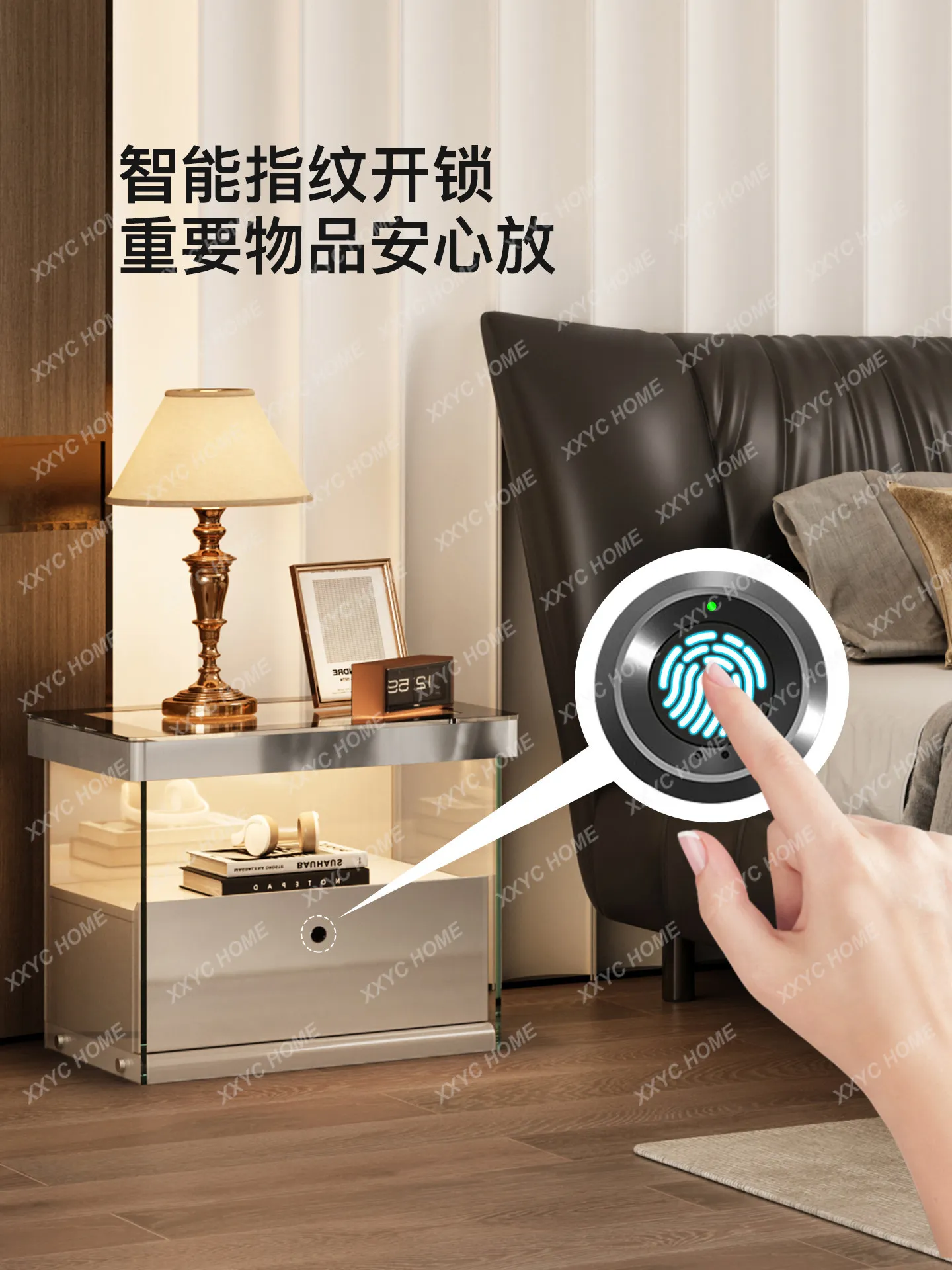 Light luxury bedside table, safe, multi-functional bedside table with lock, modern high-end bedroom creative storage cabinet