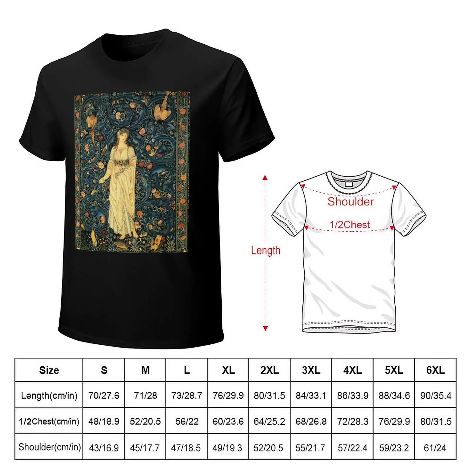 LADY FLORA, GREENERY, FOREST ANIMALS ,PHEASANT BIRDS ,RABBITS Blue Green Floral Tapestry T-Shirt Comfortable Basic Crew Neck Tee