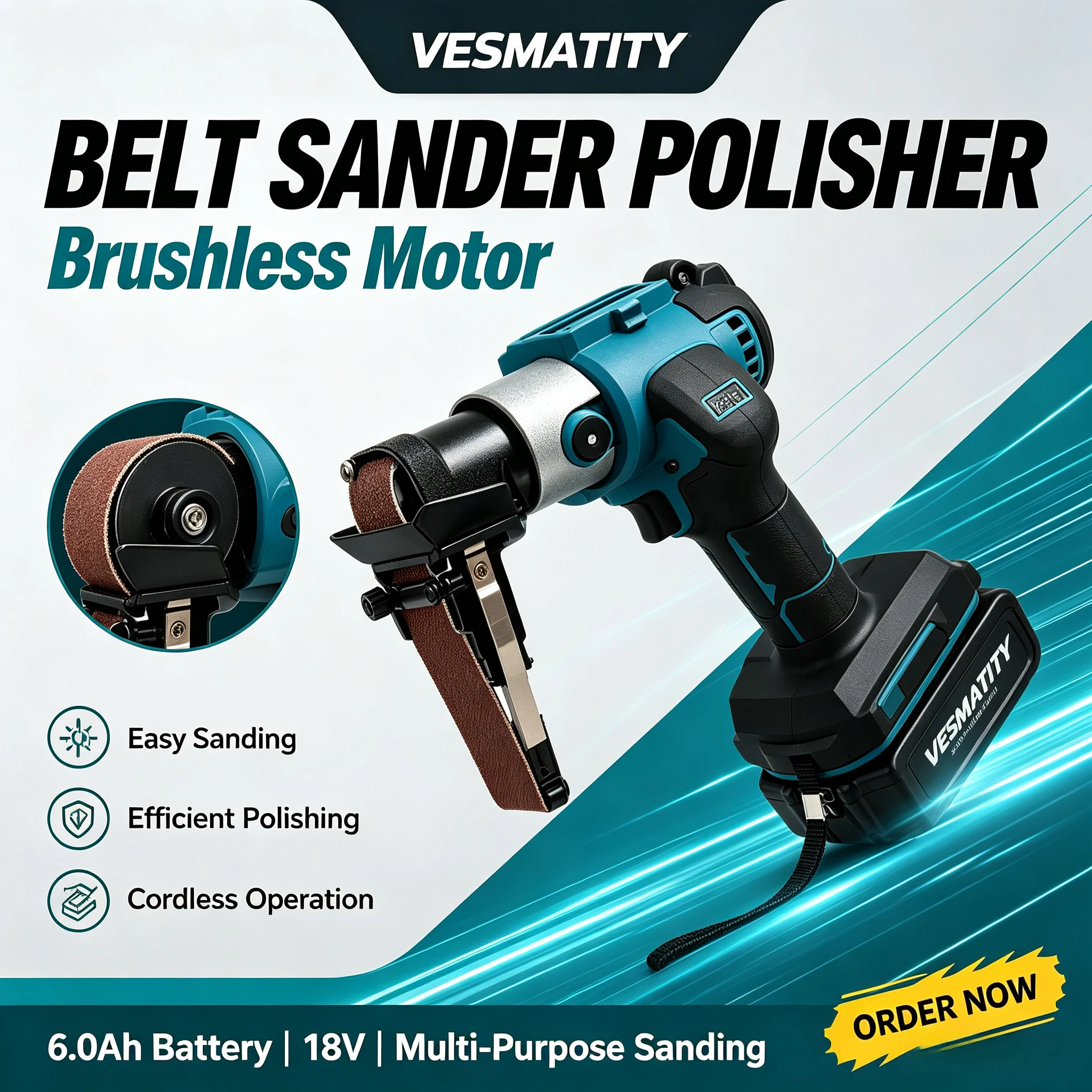 Belt Sander Portable Straight Sanding Machine Multifunctional Metal Wood Polishing Derusting PowerTool for 18V-20V battery.
