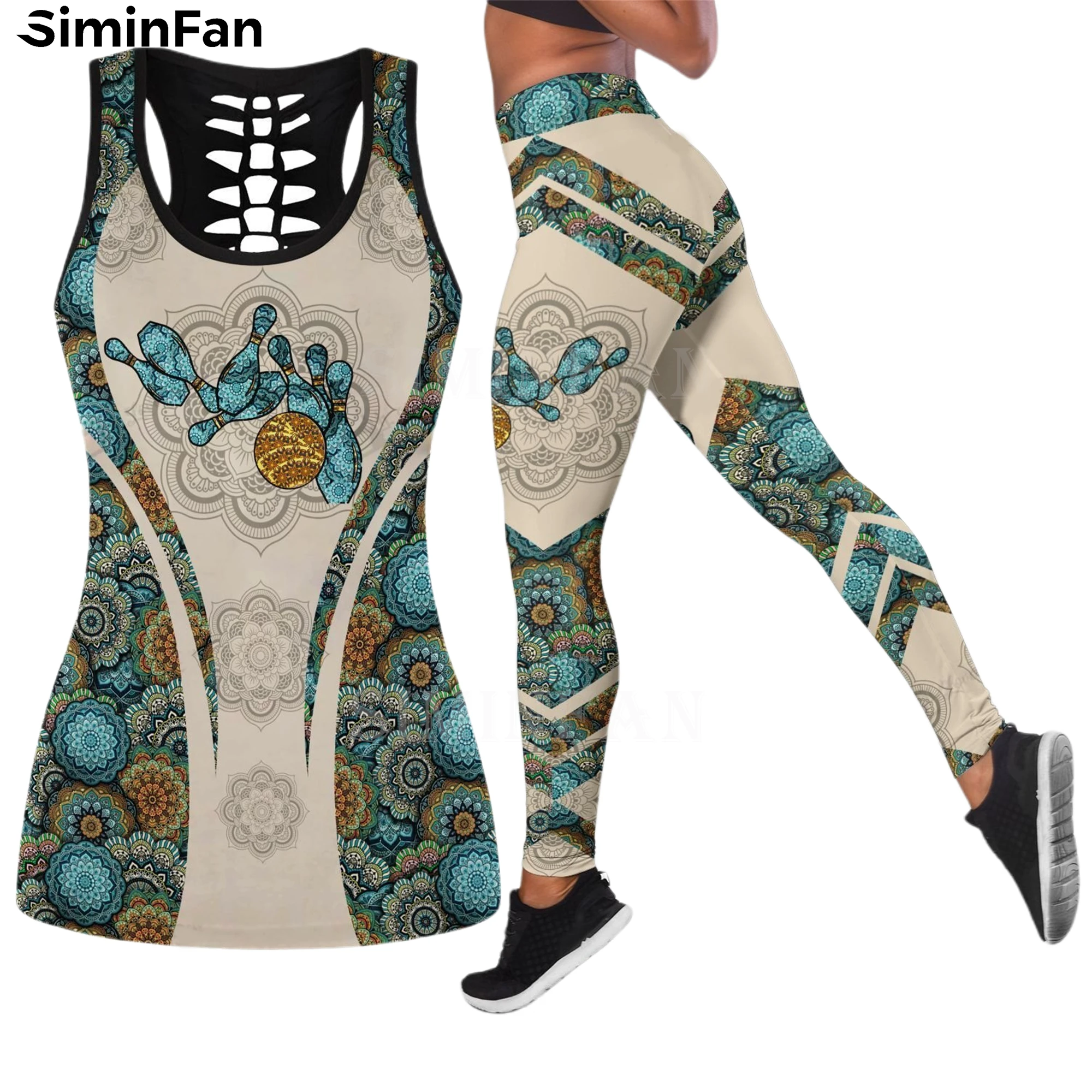 LOVE BOWLING 3D Printed Women Hollow Tank Top Legging Summer Casual Vest Pants Suit Two Piece Set Yoga Sportswear Female Outfit