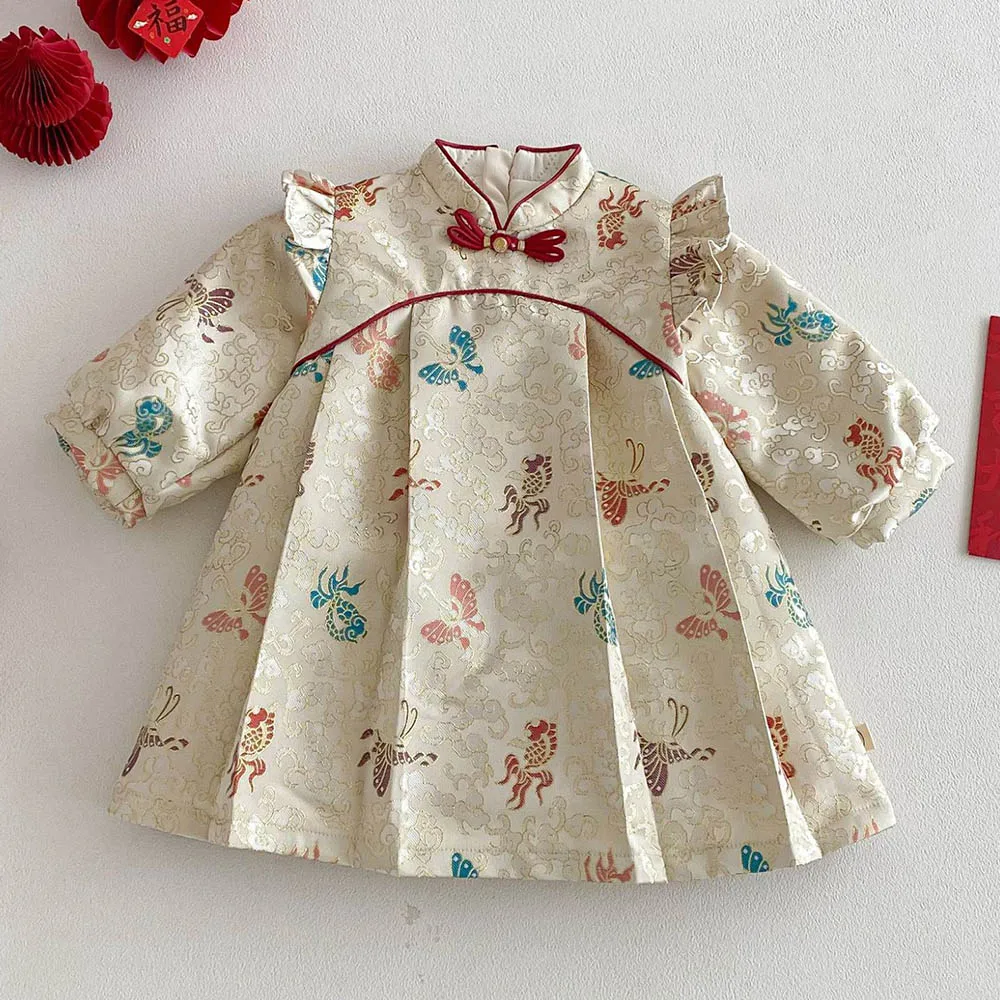 

Платья для маленьких девочек, стеганое утепленное зимнее детское эксклюзивная одежда, новогоднее рождественское детское платье в китайском стиле