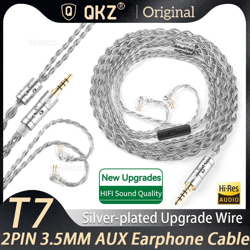 QKZ T7 3.5MM AUX Plug Earphone Upgrade Wire Earphone Silver Plated Upgrade Cable Original 4 Core QDC 2PIN With Mic Upgrade Cable
