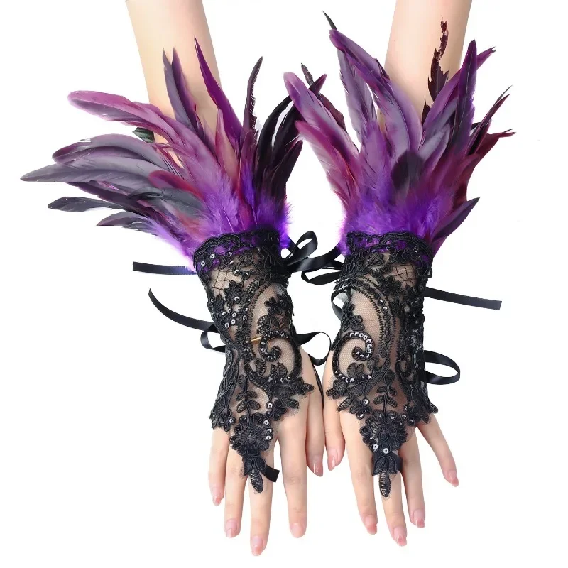 Halloween Feather Hook Finger Gloves Party Ball Black Lace Bracelet Sleeve Accessories