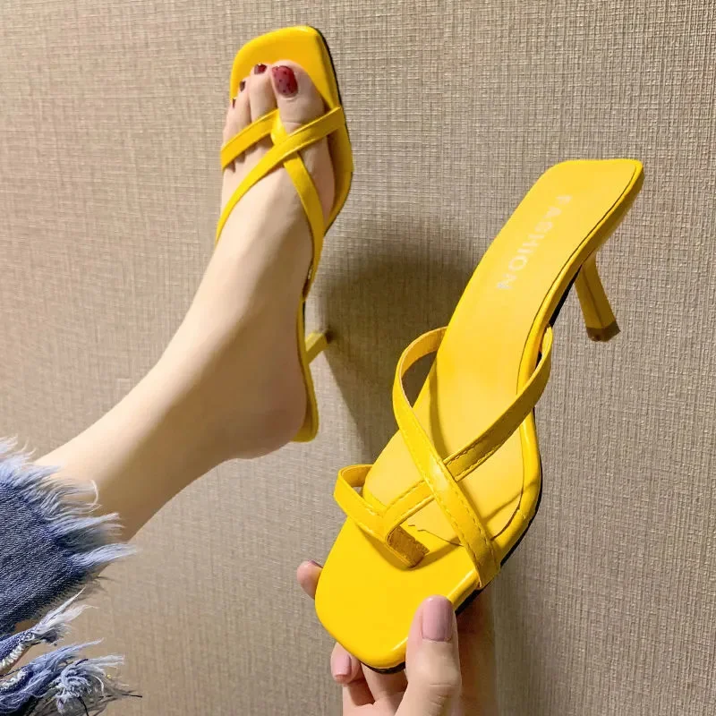 Women Light Weight Yellow Open Toe Comfort Spring Summer High Heel Shoes Lady Elegant Black Sandals for Home & Beach E1105