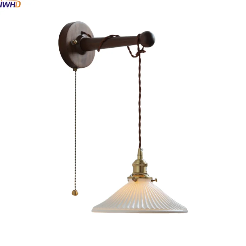 

IWHD Living Room LED Wall Sconce Lights Antique Gold Brass Socket Black Walnut Wood White Ceramic Bedroom Bedside Lamp Wandlamp