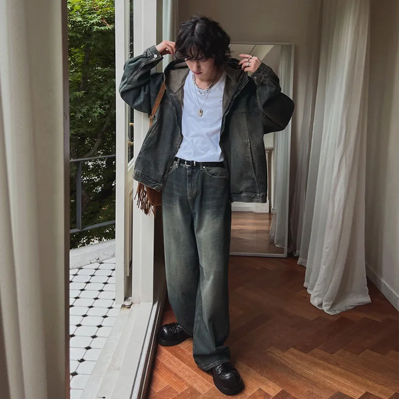 High Street Retro Zipper Denim Jacket for Men Fashion Korean Style Loose Hooded Jacket Coats+baggy Jeans Suit Y2k Streetwear Men