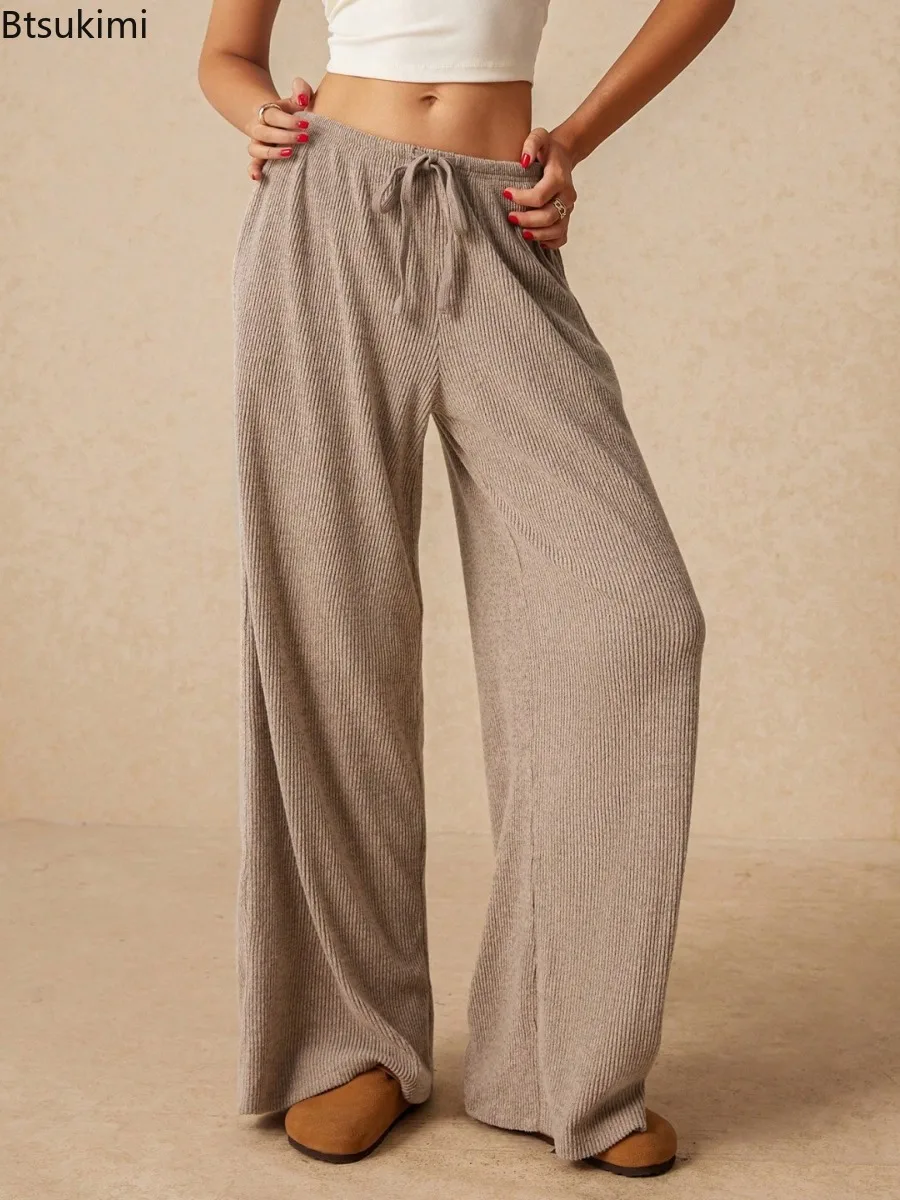 2025 Women's Solid Color High Waisted Fashion Pants Fashionable Lace Up Straight Leg Wide Leg Pants Casual Loose Sports Trousers