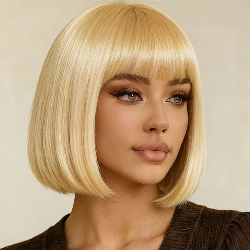 باروكة صناعية مستقيمة بنمط ذهبي أنيق مقاس 12 بوصة، مناسبة للعب الأدوار في الحفلات اليومية #3