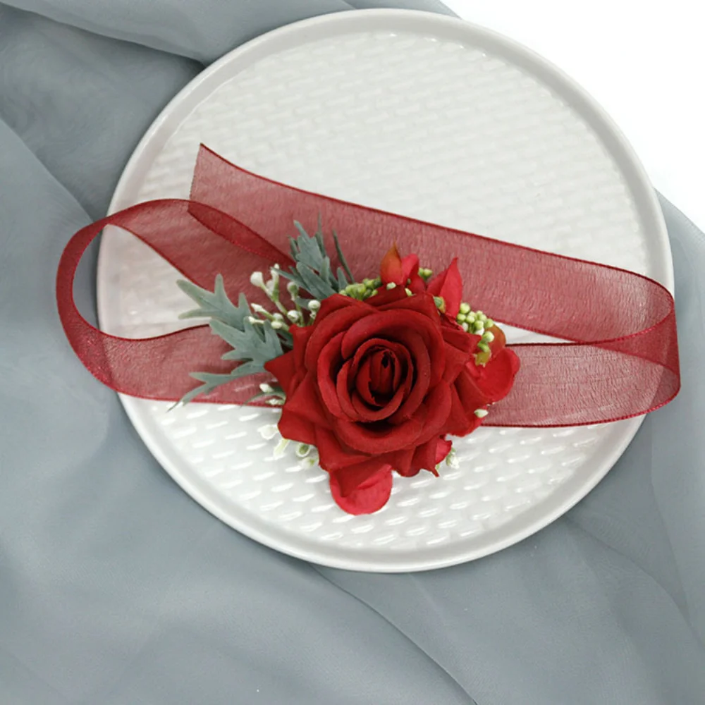 Classic Red Silk Rose Wedding Boutonniere for Guests Corsage Wrist Buttonhole Men Witness Marriage bruiloft accessoires New