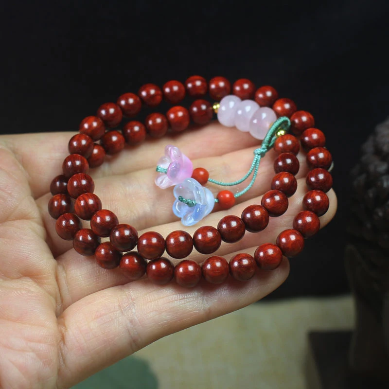 

Zambian Rosewood Blood Sandalwood 6mm Double-Layer Bracelet with Flower Pendant, Cultural and Religious Prayer Beads