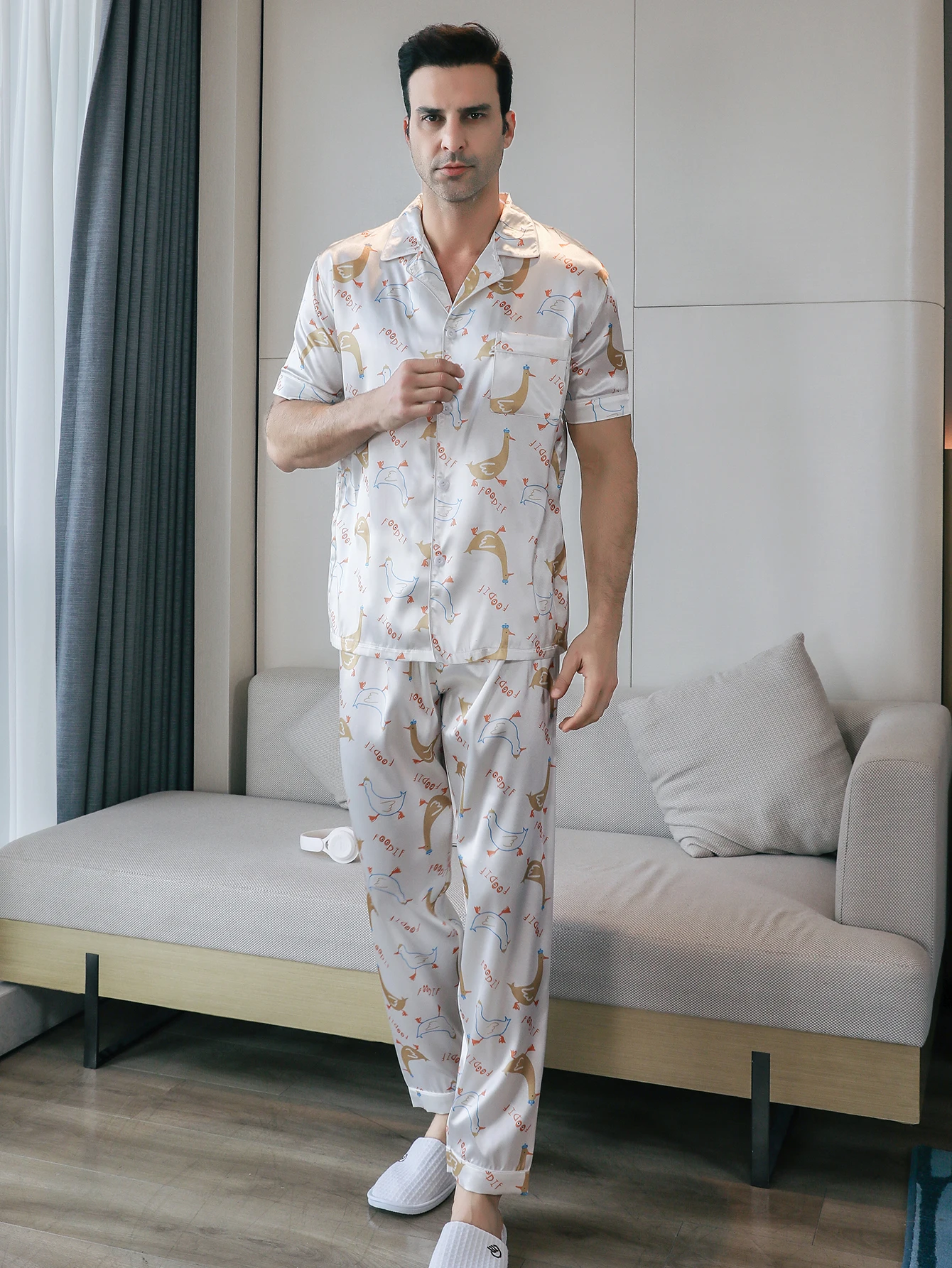 Two piece sets men's sleepwear summer short sleeved pants duck pattern printed home clothes sleepwear set