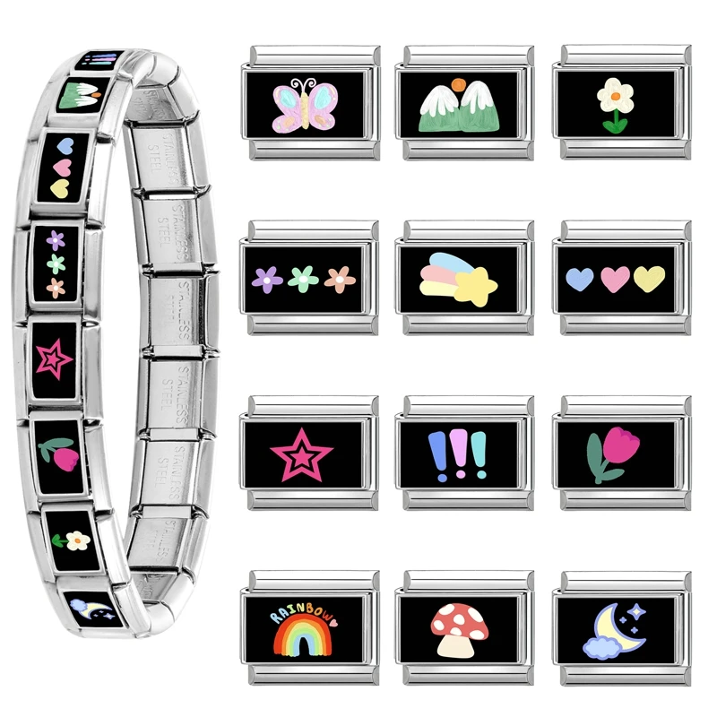 النساء الملونة الزهور القلب ستار مطاطا الإيطالية سحر الروابط صالح 9 مللي متر الفولاذ المقاوم للصدأ وحدات سوار DIY صنع المجوهرات