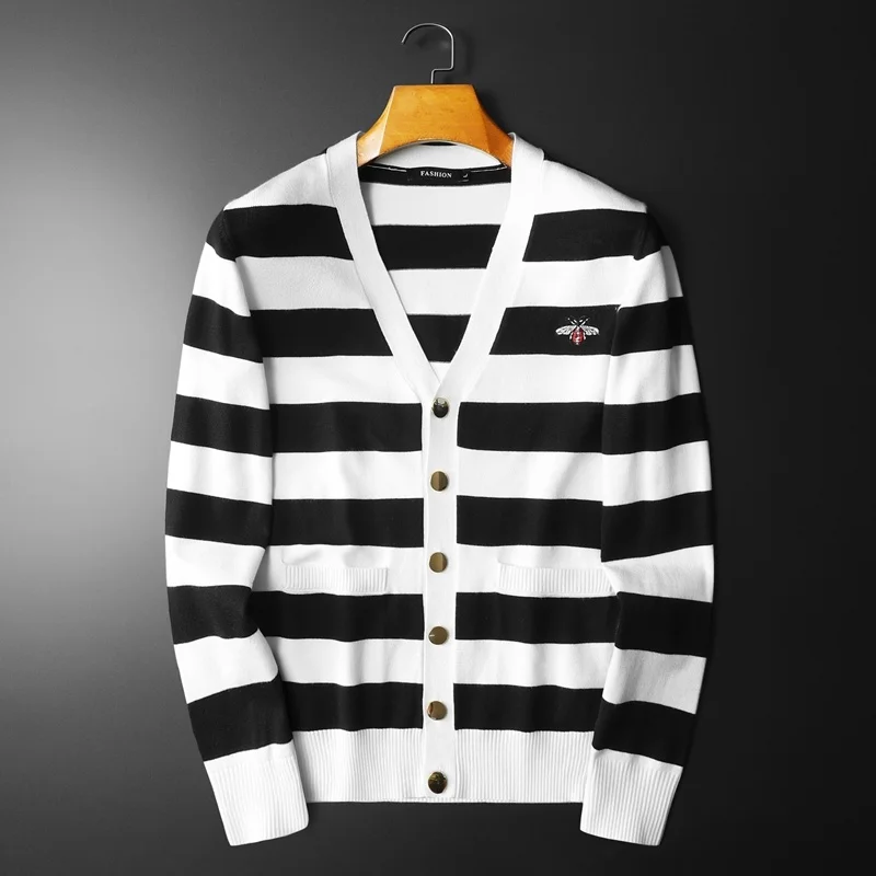 

Knitwear Men Cardigan Coat Casual Contrast Stripes Sweater Hombre Botones Casaco Masculino Men Clothing Sweater Casaco Masculino