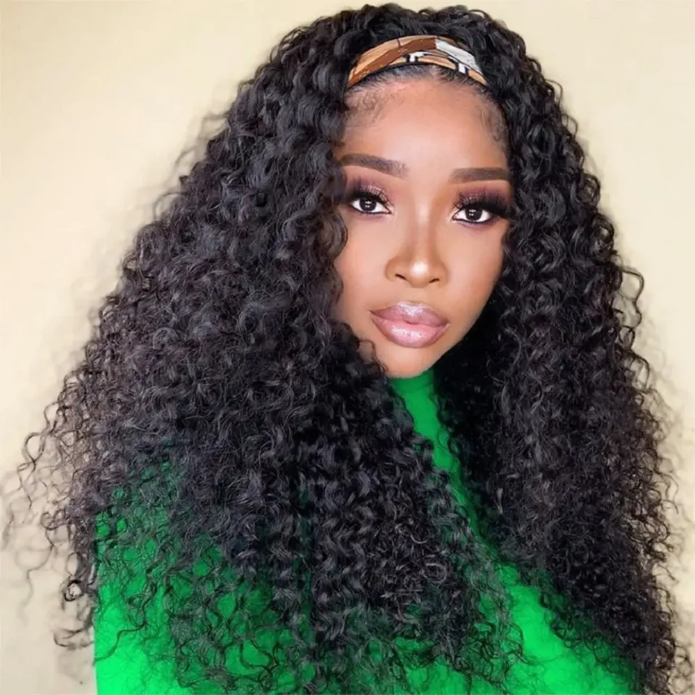 Headband Wigs Human Hair For Women Water Wave Brazilian Curly Human Hair Wig Full Machine Made Curly Wigs 10-24 Inch Lazy Girls