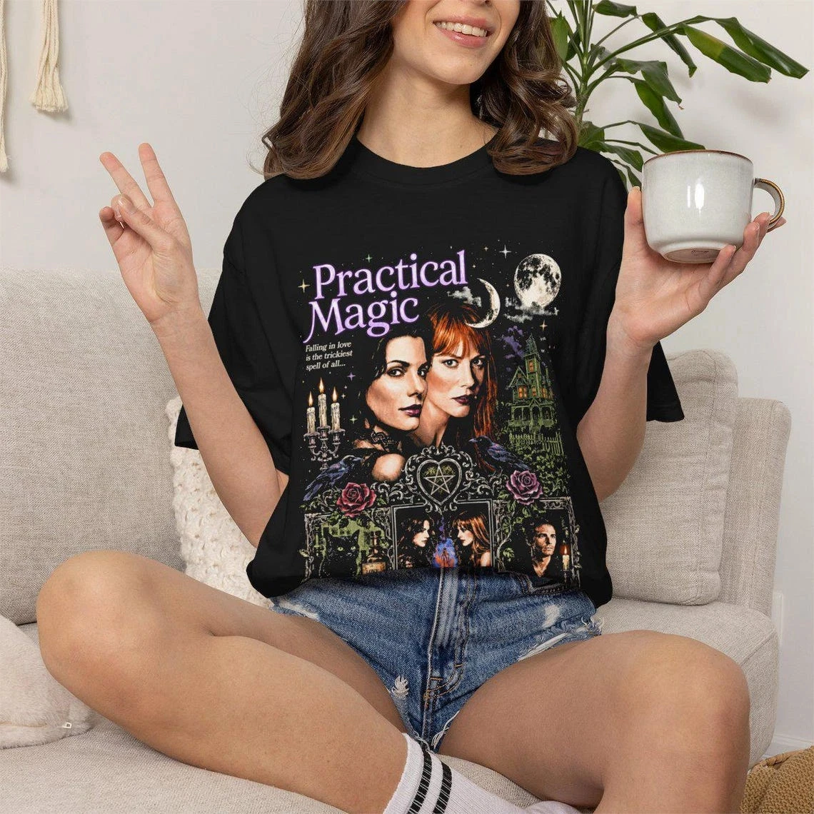 Practical Magic Vintage 90s Witch Tee T-shirt Graphic Short Sleeve Women T-shirts for Unisex Black Casual Crew Neck T Shirt