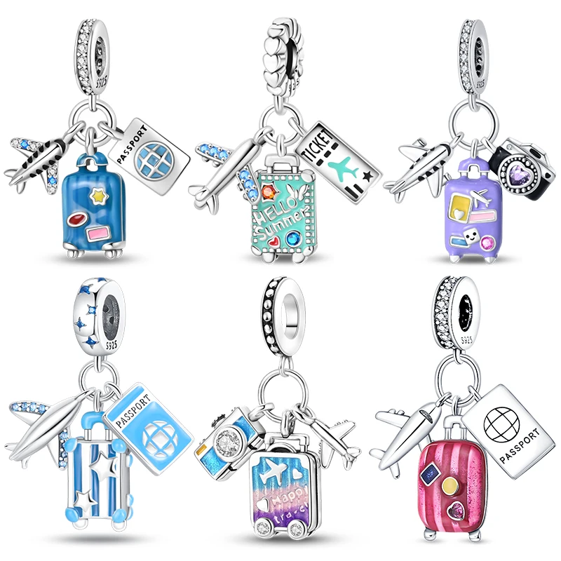 Hot Sale Travel Suitcase Airplane Passport Charm Beads Dangle Charms Fits 3mm Bracelet Necklace Women Pendant Luxury DIY Jewelry