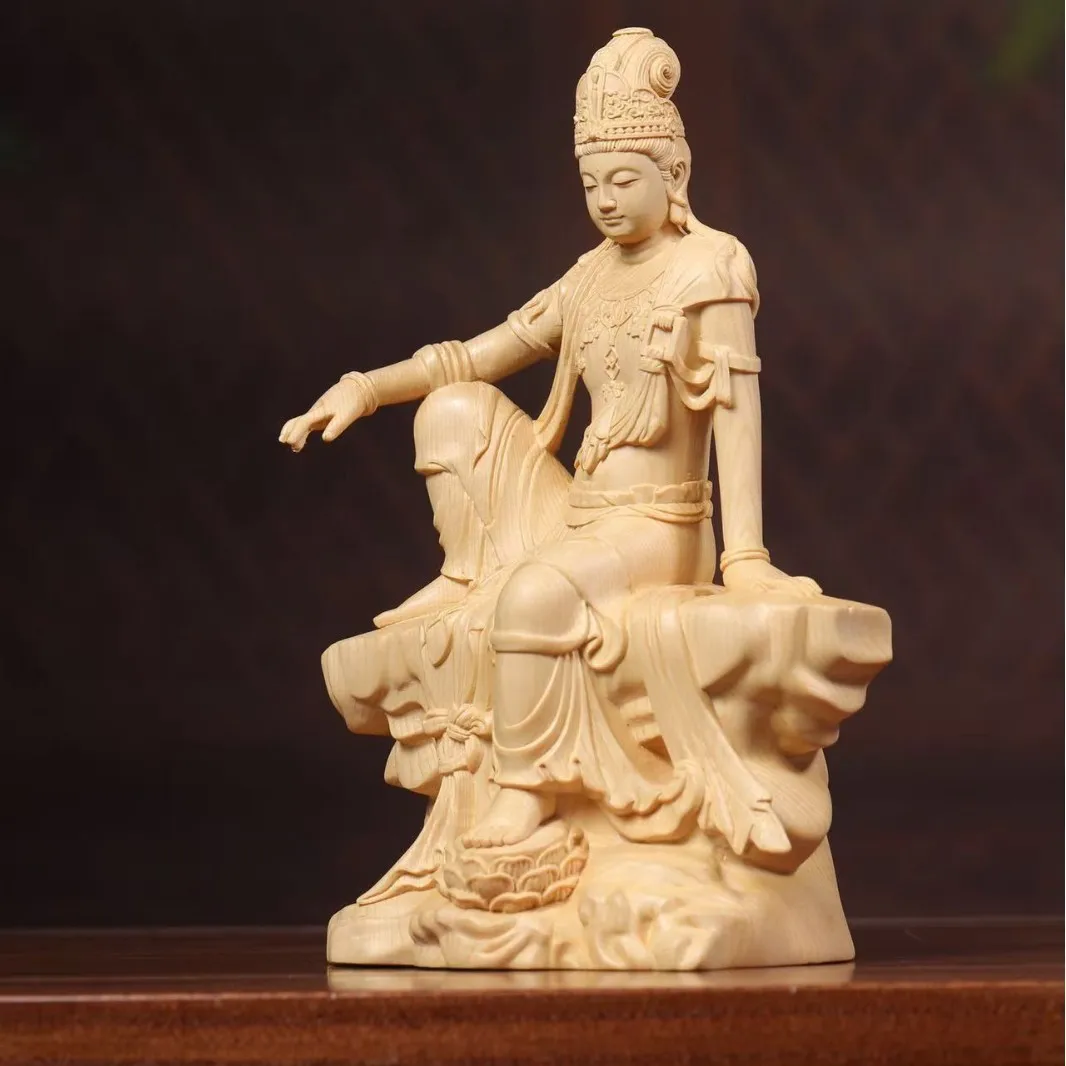 Small leaf boxwood carving from Guanyin Buddha statue ornament Buddhist hall offering wooden