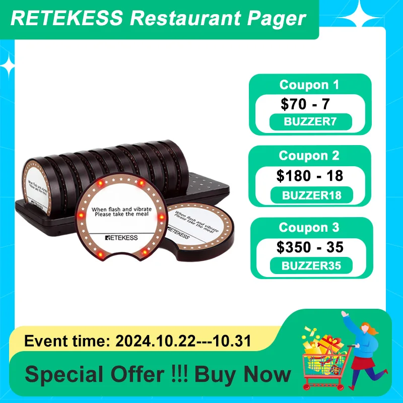 Retekess TD162 Restaurant Pager Wireless Calling System Vibrator Coaster Buzzers Guest Queuing For Food Truck Cafe Bar Clinic