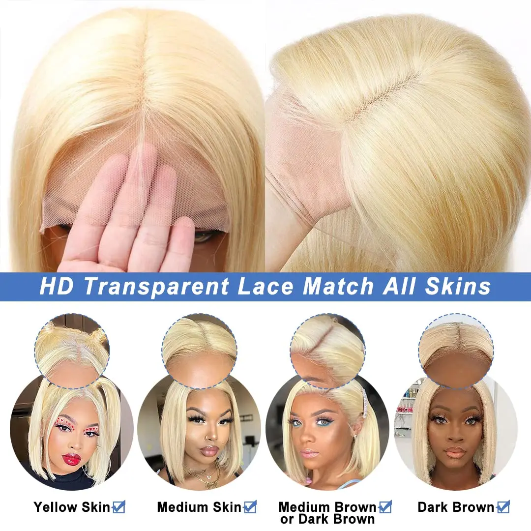 Blonde Bob Lace Front Wig, Cheveux humains, Pré-plumé, 13 age, 613, 12A, 180%