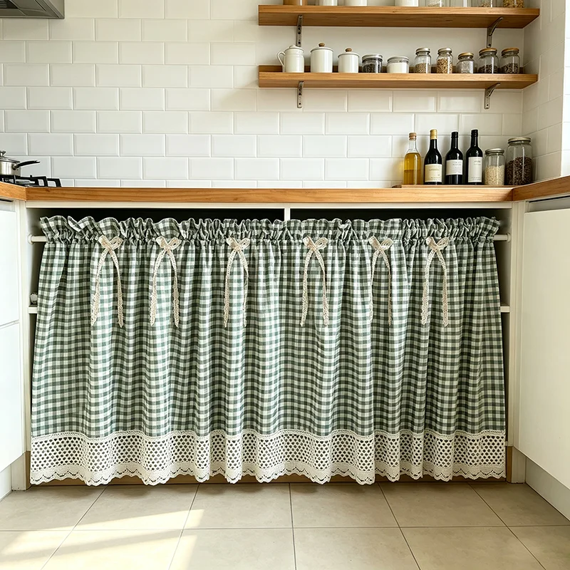 Modern Green Plaid Small Curtains Boho Style Beige Hollowed Lace with Bow Decor Half Curtain For Living Room Kitchen and Cabinet