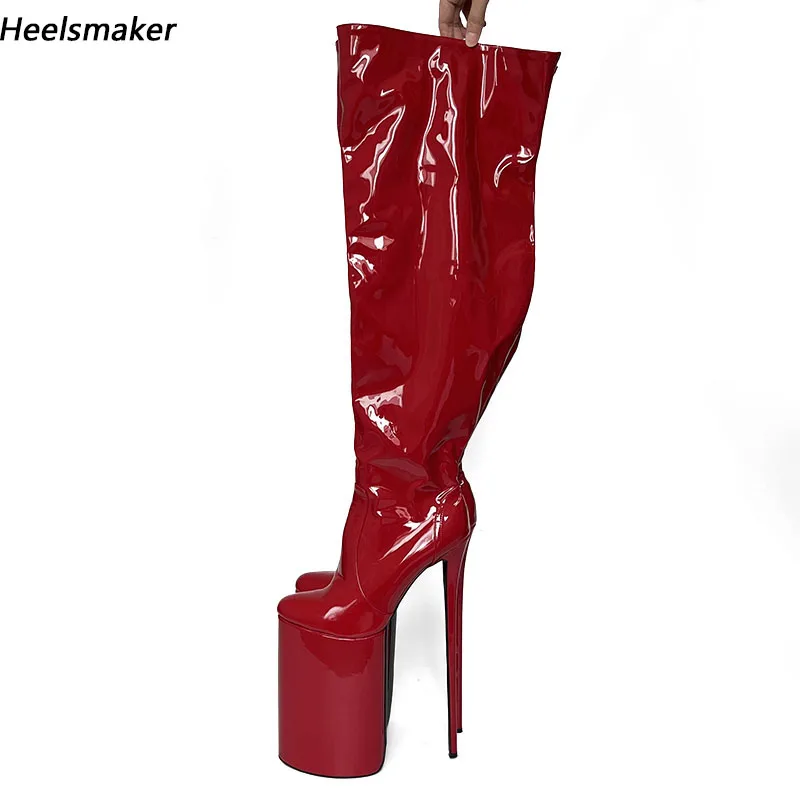 Sukeia Women Over Knee Boots Platform Patent Leather Round Toe Ultra High Heels Red Fuchsia Club Shoes Ladies US Size 7-15