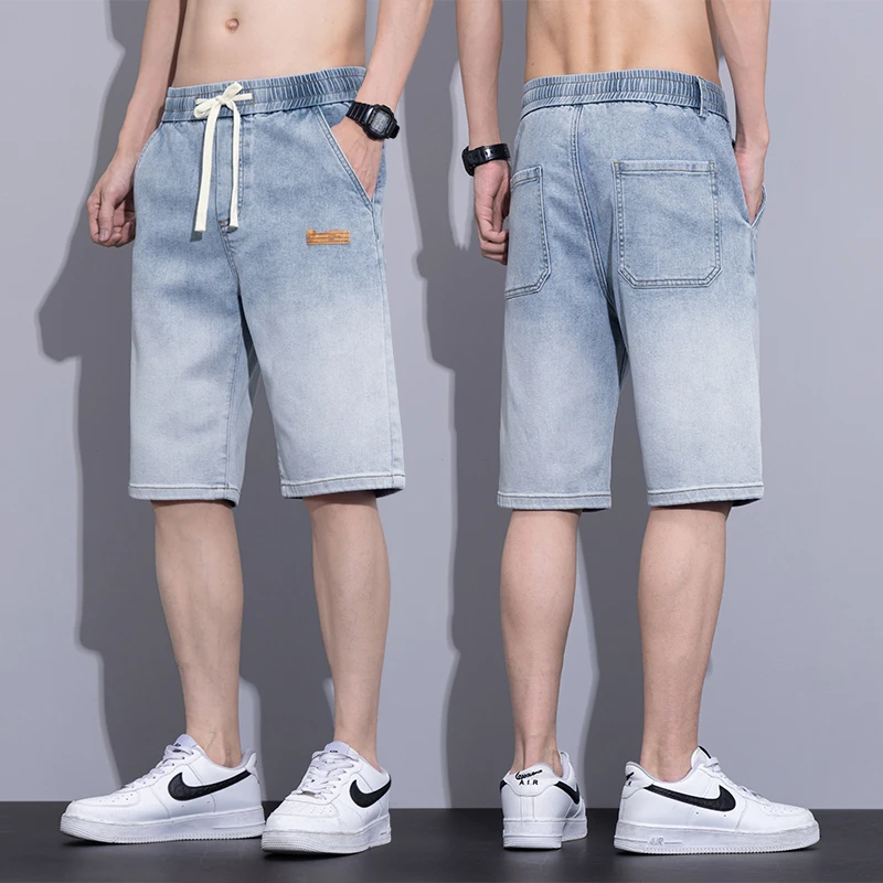 Summer Thin Men\'s Loose Denim Shorts Blue Elastic Straight-leg Fashionable Versatile Casual Jeans Shorts Male Classic Style