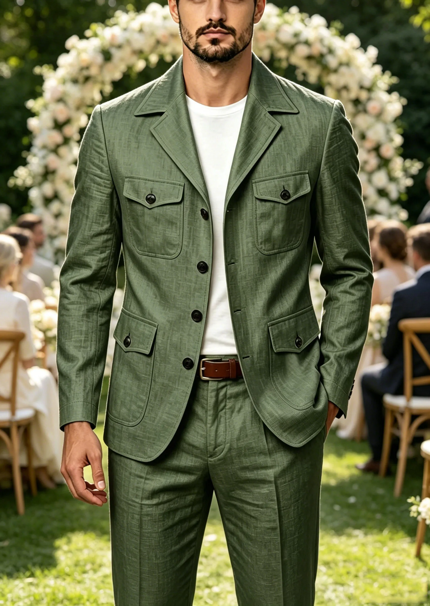 Men's Grey Linen Blend Suit 2 Piece Multi Pocket Peak Lapel Blazer Pants Set Lightweight Formal Suit for Summer Business Casual