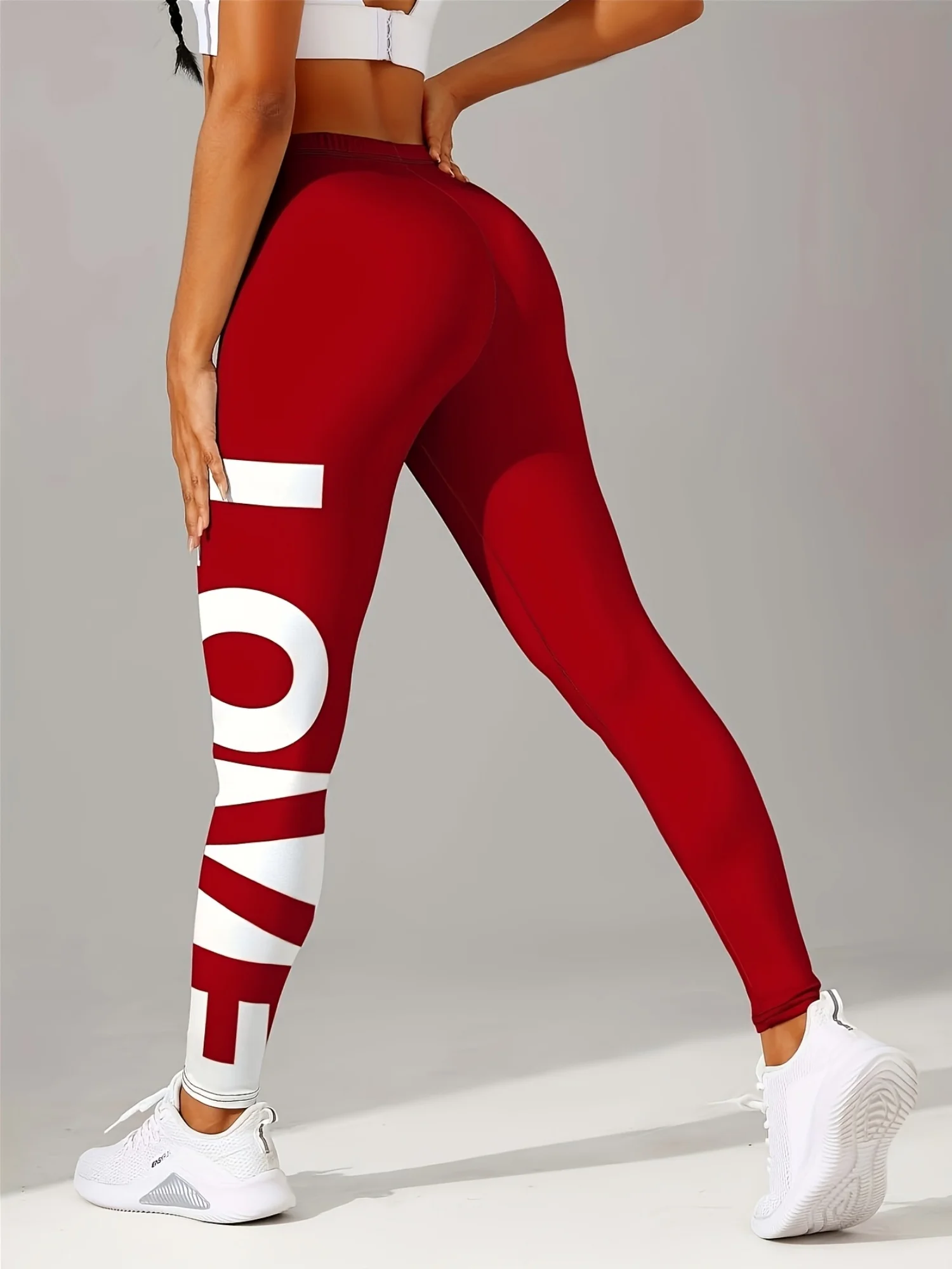 Women Wine Red Large LOVE Letter Print Fleece Lined Leggings Mid Waist High Stretch Yoga Fitness Pants